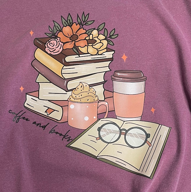 T-Shirt 'Coffee and Books' - Plum