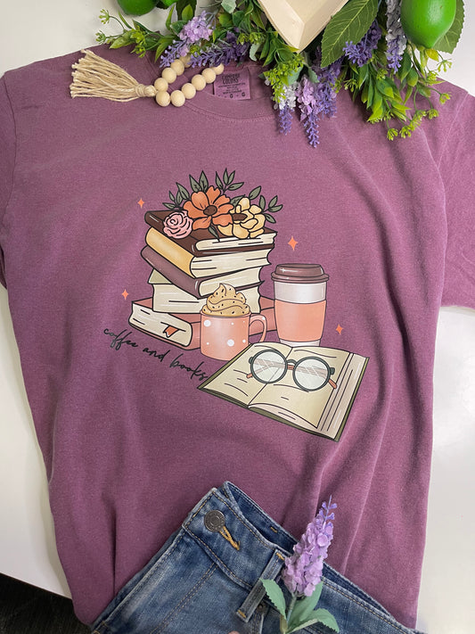 T-Shirt 'Coffee and Books' - Plum